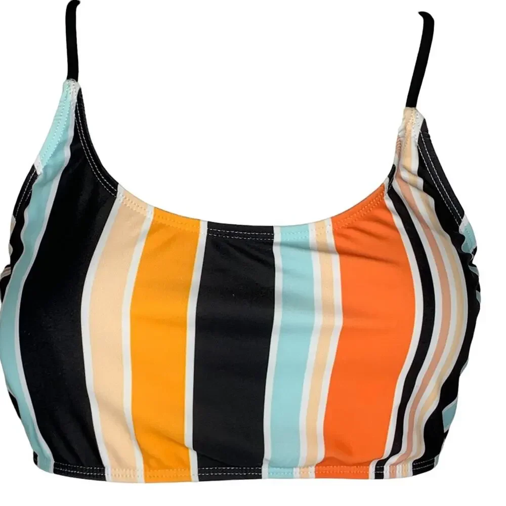 Romwe Striped Bikini Top Size L Multicolor Crisscross and Tie Back